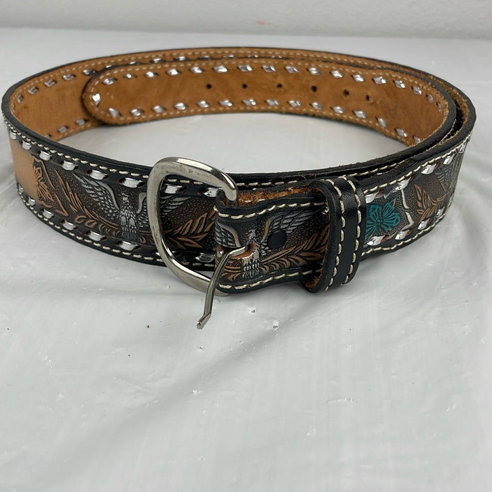 Vintage Eagle Tooled brown leather belt silver lacing men’s size 42 TOM